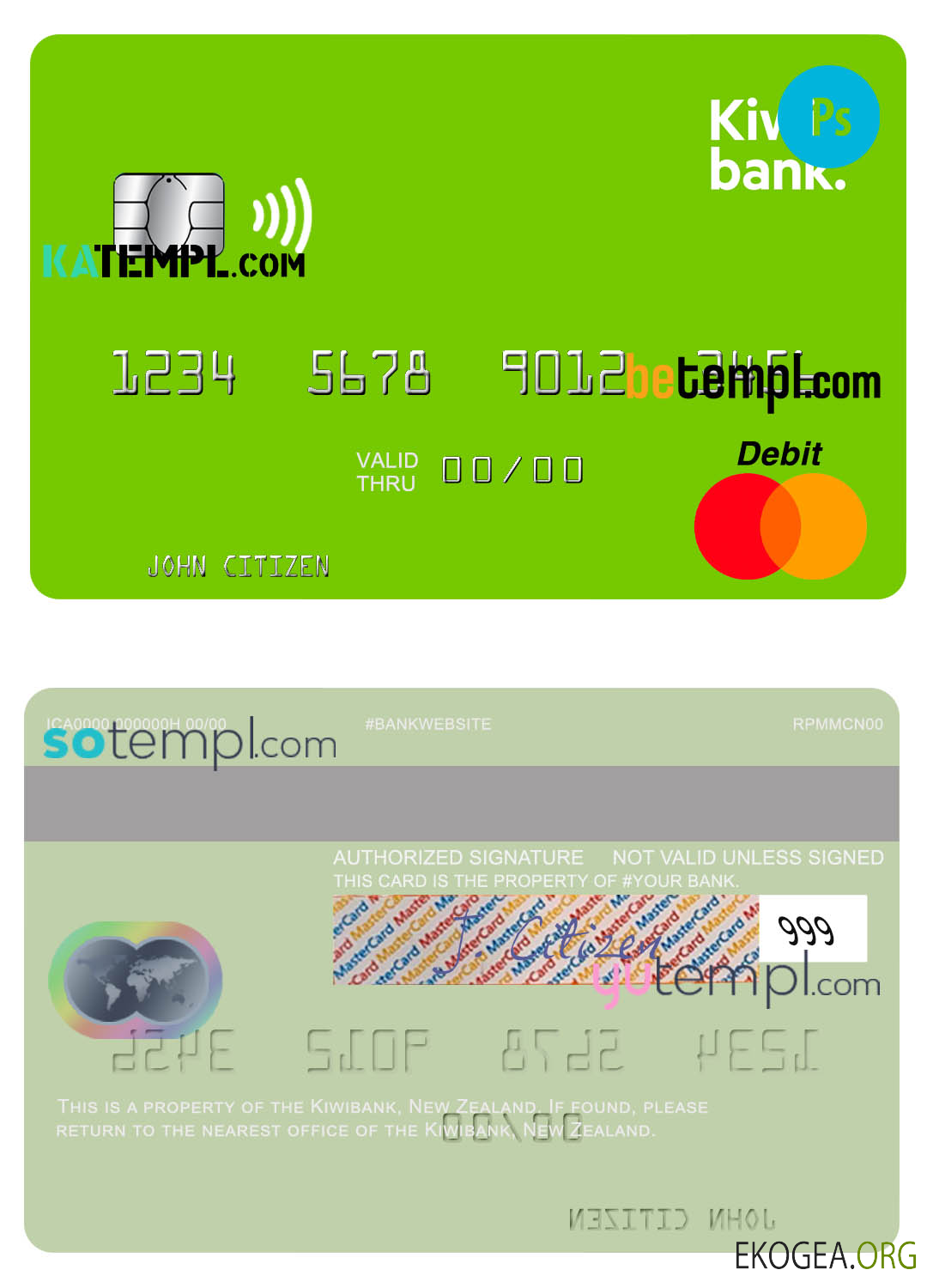 Modèle de carte de crédit mastercard Kiwibank de Nouvelle Zélande au format PSD